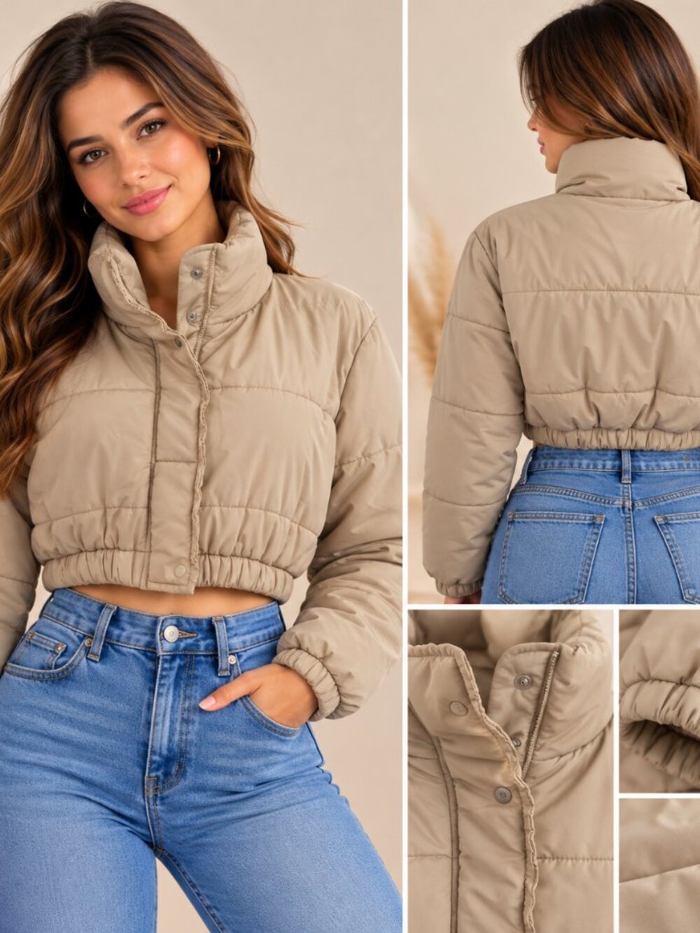 Cropped Puffer Jacket Beige Scandi Minimalist Clean Girl Large
